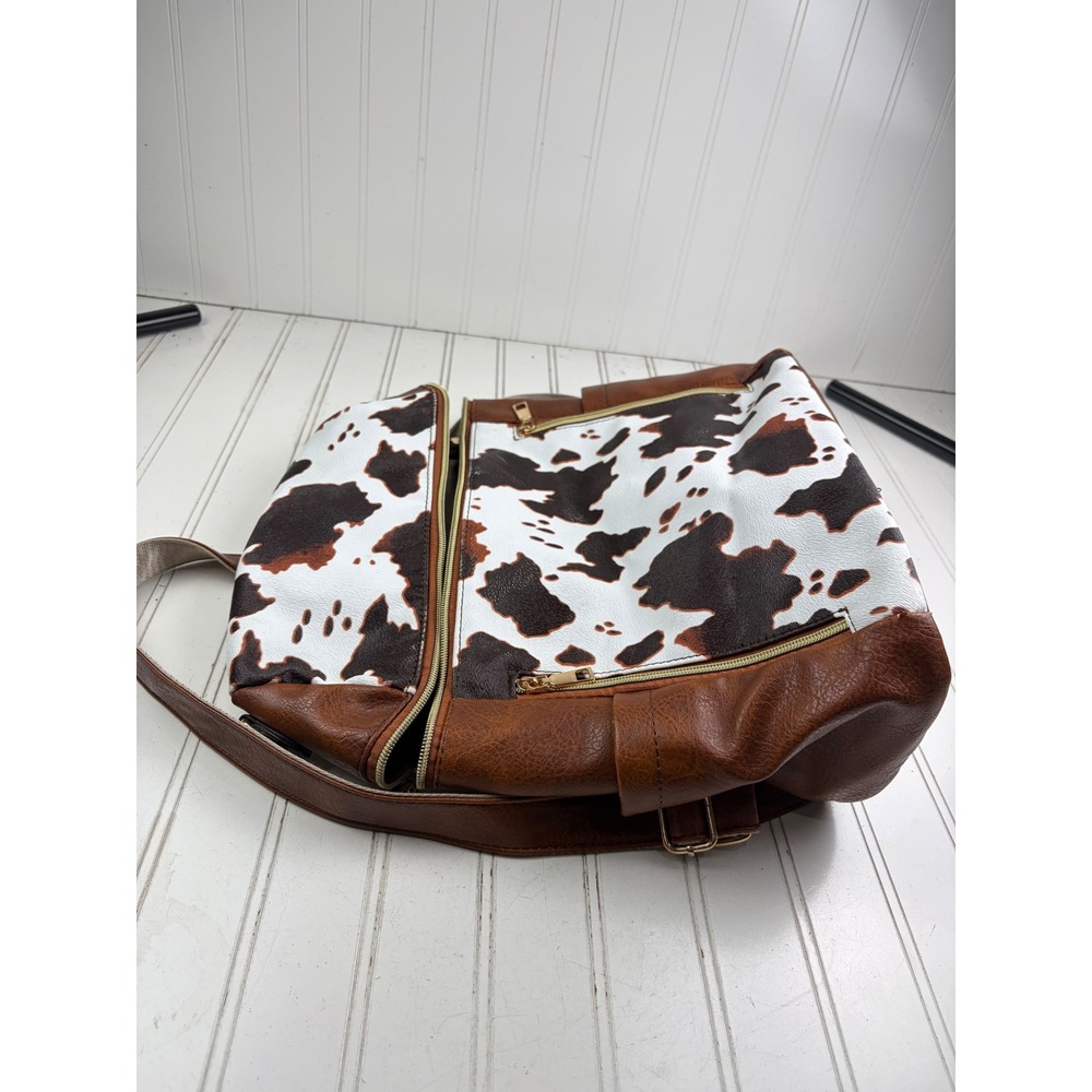 Vintage Y2K Cow Print Boho Western Brown White Faux Leather School Back Pack - Picture 4 of 13